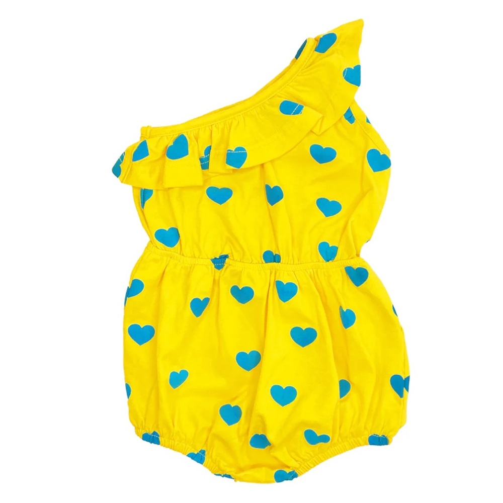 Hugo Loves Tiki Yellow Romper with Blue Hearts